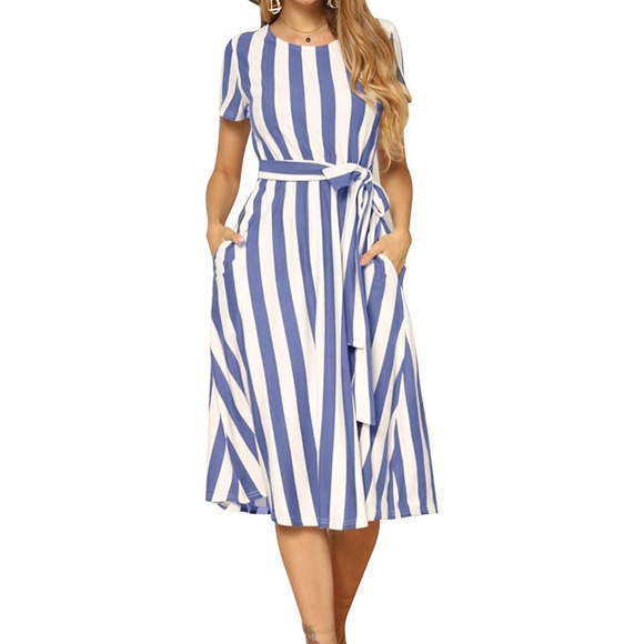 Levaca Short Sleeve Striped Casual Flowy Midi Belt Dress Pockets Size Medium - Picture 1 of 17